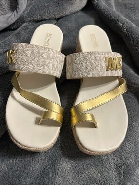 Michael Kors Beige Monogram & Gold Strap Slide Wedges